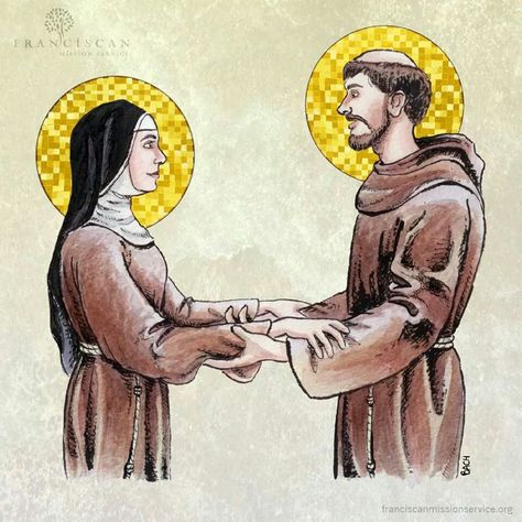 St. Clare and St. Francis (artwork by Jason Bach) Consecrated Life, Santa Chiara, St Clare, Happy Feast, Sao Francisco, Francis Of Assisi, San Francesco, Blessed Virgin Mary, Catholic Art