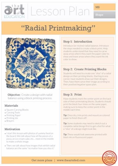 Radial Printmaking: Free Lesson Plan Download Radial Printmaking Lesson, Radial Printmaking, Radial Balance, Art Lesson Plan, Printmaking Ideas, Printmaking Projects, Radial Design, High School Art Lessons, High School Art Projects