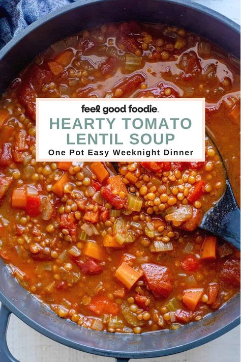 This hearty lentil soup is vegan-friendly. It's full of sweet carrots and red bell peppers with a tangy tomato broth and packed with green lentils - yum! Tomato Based Soup Recipes Healthy, Lentils And Tomatoes, Persian Style Tomato And Lentil Soup, Tomato And Lentil Soup Recipe, Tomato Lentil Stew, Lentil Recipes Side Dish, Green Tomatoes Recipes, Lentil Tomato Soup, Tomato And Lentil Soup