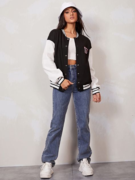 Number Embroidery, Black Preppy, Varsity Jacket Outfit, Varsity Jacket Women, Women Outerwear, Base Ball, Women Jackets, Gaming Clothes, Work Outfits Women