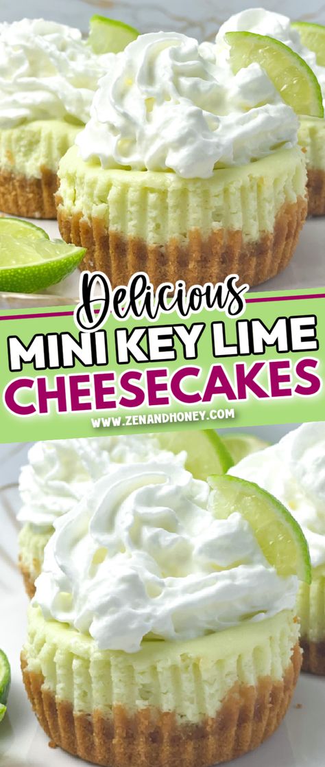 If you love a combination of sweet, tart and creamy, these mini key lime cheesecakes are ideal for you. With a buttery, homemade graham cracker crust and luscious, creamy key lime cheesecake filling, these mini cheesecakes are the ultimate dessert for any time of the year. Key Lime Cheesecake Recipe, Lime Dessert, Key Lime Pie Cheesecake, Key Lime Pies, Mini Key Lime Pies, Key Lime Tarts, Individual Cheesecakes, Dessert Bakery, Lime Tart