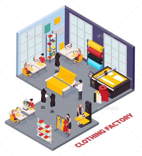 Clothing Factory Isometric Composition by macrovector | GraphicRiver Sewing Room Interior Design, Sewing Shop Interior Design, Sewing Room Ideas Layout, Room Ideas Layout, Factory Layout, Fashion Business Plan, 3d Vector Illustration, Factory Interior, Clothing Store Interior