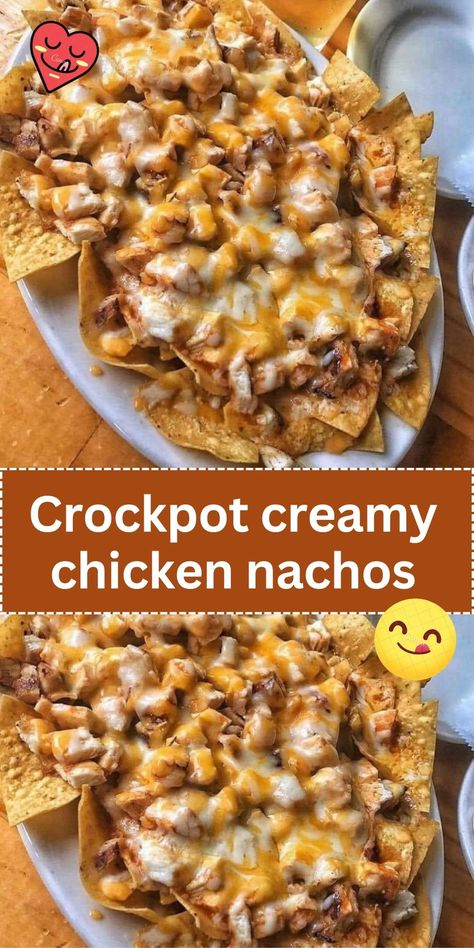 A slow-cooker recipe for creamy, flavorful chicken perfect for topping nachos, garnished with cheese, jalapeños, and sour cream. Chicken Nachos Crockpot, Creamy Chicken Nachos, Crockpot Creamy Chicken, Creamy Crockpot Chicken, Chicken Nachos Recipe, Nachos Recipe Easy, Crock Pot Food, Easy Crockpot Dinners, Sour Cream Chicken