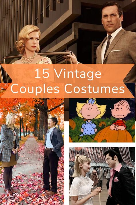 Couples costume ideas that are vintage inspired. Halloween is just around the corner so it's time ot start thinking about how you'll dress up this October! These are couple costumes for adults. Halloween Costumes For Middle Aged Couples, 1950s Costume Couple, 1950 Halloween Costumes, Retro Couples Costumes, Old Fashioned Halloween Costumes, Decades Couple Costume, Old Married Couple Costume, Old Movie Halloween Costume Ideas, 50s Couple Costume