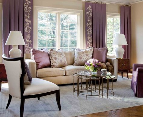 *LIVING ROOM (Purple & Gold): royalty and spirituality; precious; wealth and prosperity. -love the decorative pillows; the beige walls and sofa Purple Living Room Ideas, Purple Interior Design, Estilo Cottage, Purple Living Room, Furnitur Ruang Keluarga, Purple Curtains, Beige Living Rooms, Purple Rooms, Retro Sofa