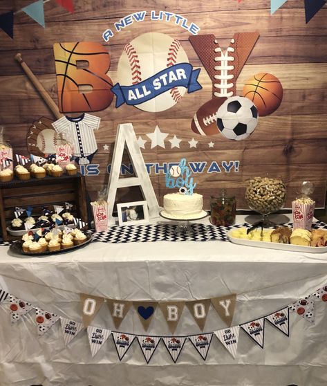 Sports Baby Shower Decorations, Baby Boy Shower Themes Unique, Baby Shower Sports, Popular Baby Shower Themes, Boy Shower Themes, Babby Shower, Sports Baby Shower Theme, Sports Baby Shower, Baby Boy Themes