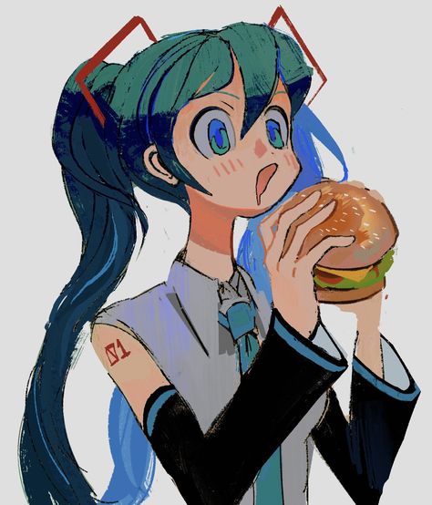 zoë🌤@more busy on Twitter: "mikuburger… " Burger Drawing, Eating Burger, Miku Hatsune Vocaloid, Miku Chan, Art Studies, Hatsune Miku, Drawing Inspiration, Vocaloid, New Art