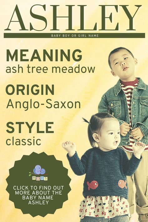 Ashley started as a surname, turned into a first name for boys and eventually became one of the hottest baby names of the 1980s and 1990s. Throughout history, the name has been associated with the mighty ash tree, which is large, sturdy and powerful. While it has dropped a bit on the popularity list, it remains a solid baby name that may remind new parents of their own childhoods — a time when they likely grew up with several people named Ashley. #boyname #girlname #babyname Ash Name, Boy Names Starting With A, Girl Middle Names, Ashley Name, Name For Boys, Middle Name Ideas, Boy Name Meanings, Baby Name Meaning