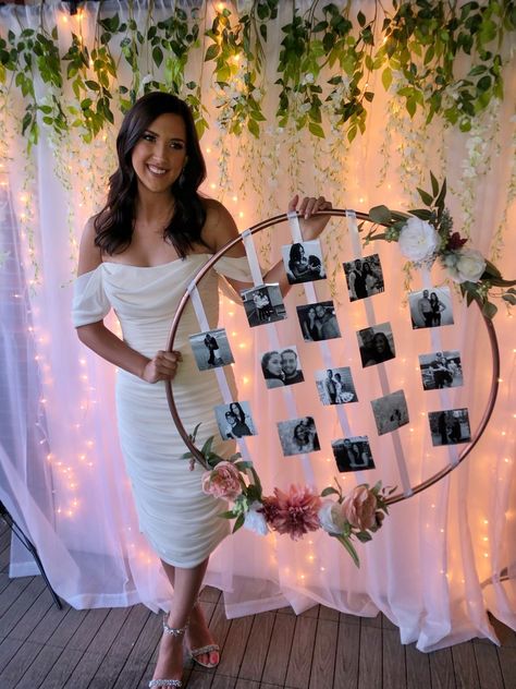 Creative Ways To Display Photos At Party, Bridal Shower Engagement Picture Display, Engagement Party Photo Display Ideas, Hoola Hoop Photo Booth Frame, Hula Hoop Picture Display Diy, Wedding Shower Photo Display, Photo Hoop Ideas, Hula Hoop Photo Display, Hoop Picture Display