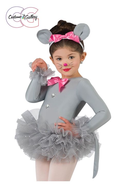 Grey spandex leotard with attached grey glitter tulle fifi tutu and tail. Bow, sequin disc, and ruffle trim. Headband included. #dance #dancerecital #costumegallery #dancecompetition #novelty #recitaltheme Nutcracker Ballet Costumes, Quiet As A Mouse, Nutcracker Costumes, Toddler Ballet, Dance Tutus, Mouse Costume, Ballet Poses, Diy Kostüm, Ballet Clothes