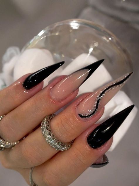 White And Black Glitter Nails, Nail Stiletto Design, Black Vacation Nails, Long Goth Nails, Stiletto Nail Art Summer, Nails Acrylic French Tips, Stiletto Black Nails, Sheer Black Nails, Black Stiletto Nails Design