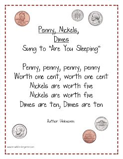 Kindergarten Money Poem for FREE? You bet Perhaps a poem and a pocket chart activity will be close enough. Here is a poem/song I had in my files... but I am not sure where it Poem Kindergarten, Kindergarten Money, Money Poem, Money Kindergarten, Money Songs, Math Songs, Learning Money, Pocket Chart Activities, Teaching Money