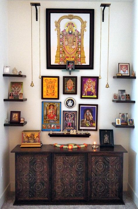 Diy Ganpati, Pooja Stand, Home Ganpati, Traditional Bedroom Design, Indian Wall Decor, Gallery Wall Ideas, Indian Room, Target Inspired Home Decor, Home Images