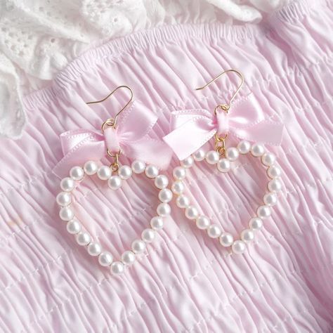 View Earrings by Mycocomimi on Etsy Cute Core Jewelry, Pastel Pink Accessories, Cute Pink Earrings, Light Pink Accessories, Pink Girly Clothes, Pink Gifts Ideas, Cute Pink Jewelry, Pink Prom Accessories, Cute Girly Stuff