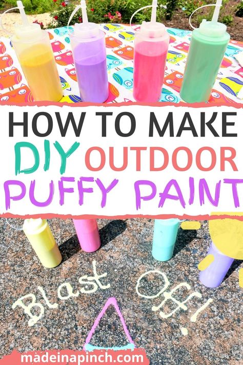 Outdoor Puffy Paint! How to make washable DIY puffy paint without shaving cream or glue. This is a great alternative to sidewalk chalk except it's bright and puffy. Putting it in bottles makes this puffy sidewalk paint such a fun activity to get the kids creative outside making fun art! #kids #diy #summerfun #chalkpaint Sidewalk Paint Recipe, Make Puffy Paint, Puffy Paint Crafts, Puffy Paint Recipe, Homemade Puffy Paint, Diy Puffy Paint, Shaving Cream Painting, Sidewalk Chalk Paint, Sidewalk Paint