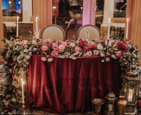 Burgundy and blush peonies and roses garland for a beautiful floral sweetheart table Burgundy Runner Wedding, Burgundy Blush Sweetheart Table, Burgundy Sweetheart Table, Blush And Burgundy Wedding, Wedding Sweetheart Table, Bride Groom Table, Blush Bouquet Wedding, Burgundy And Blush Wedding, Elopement Party