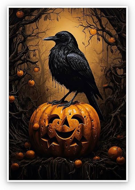 Amazon.com: Vintage Gothic Wall Art Black Crow Smiley Pumpkin Poster Halloween Artwork Print Canvas Victorian Style Dark Academia Room Aesthetics Posters Dark Cottagecore Wall Art Living Room Bedroom Bathroom Bar: Posters & Prints Wallpaper Horror, Vintage Halloween Posters, Spooky Halloween Pictures, Helloween Wallpaper, Halloween Bedroom Decor, Happy Halloweenie, Pumpkin Wallpaper, Halloween Bedroom, Halloween Kunst