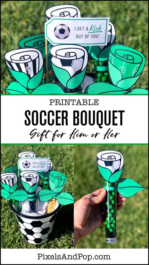 These Printable Rose Toppers & Leaf Wraps transform candy bars or testtubes filled with candy into the perfect Gift Bouquet for any Soccer Fan! #SoccerBouquet #MeatBouquet #FathersDayGift #PixelsAndPop #SoccerFathersDay #SoccerAnniversary Meat Sticks, Flowers Valentines, Finding A Hobby, Soccer Fan, Bouquet Gift, Soccer Drills, Soccer Gifts, Gift Bouquet, Valentines Flowers