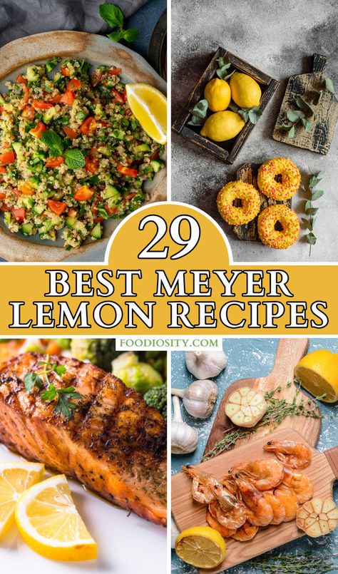 Celebrate the unique flavor of Meyer lemons with our collection of 29 best recipes! These dishes highlight the sweet and tart balance of Meyer lemons, from refreshing beverages to decadent desserts. Click to explore a variety of ways to incorporate this citrus gem into your cooking and baking, brightening up each meal. Lemon Recipes Dinner, Lemon Recipes Easy, Lemon Recipes Healthy, Lemon Glazed Donuts, Meyer Lemon Recipes, Lemon And Blueberry, Savory Meals, Herb Roasted Chicken, Meyer Lemon