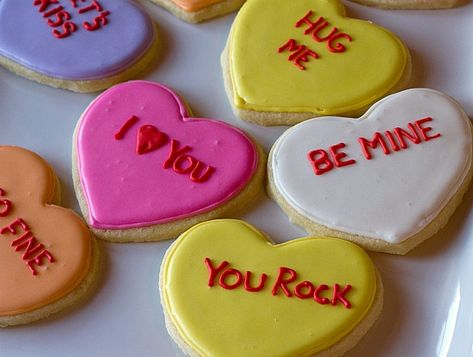 Conversation Heart Sugar Cookies | Brown Eyed Baker Brown Eyed Baker, Heart Sugar Cookie, Conversation Hearts Candy, Valentine Desserts, Conversation Heart, Valentines Day Cookies, Valentines Day Treats, Heart Cookies, My Funny Valentine