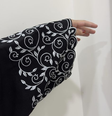 DM for order and details! . . . . . #abaya #modestwear #embroidered #embroiderydesign #blackandwhite Abaya Sleeves, Modern Embroidery Designs, Abaya Styles, Embroidered Abaya, Embroidery Styles, Abaya Designs Latest, Modern Abaya, Black Frock, Fabric Paint Diy