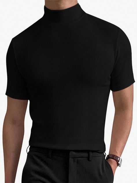 Men Solid Mock Neck TeeI discovered amazing products on SHEIN.com, come check them out! Mock Neck Tshirt, Black Mock Neck Top, Black Tshirt Men, Black Mock Neck, Male Poses, Tee Shirt Homme, Men Clothing, Black Casual, Fashion Online Shop