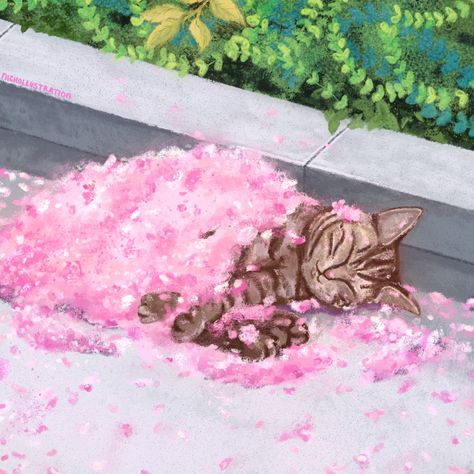 Sleepy kitty cat under pink eepy sakura cherry blossom flower petas cute serene kawaii illustration digital art aesthetic chill Cherry Art Aesthetic, Sakura Illustration, Digital Art Aesthetic, Kawaii Sakura, Aesthetic Chill, Sakura Aesthetic, Sleepy Kitty, Kawaii Kitty, Cherry Blossom Flower