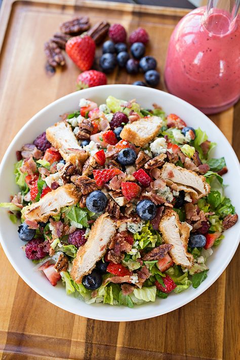 Crispy Chicken Salad with Raspberry Vinaigrette | The Cozy Apron Berry Vinaigrette, Candied Pecans For Salad, Crispy Chicken Salads, Raspberry Vinaigrette Salad, Chopped Salads, Chicken Salad Ingredients, Chicken Chopped Salad, Raspberry Vinaigrette, Berry Salad