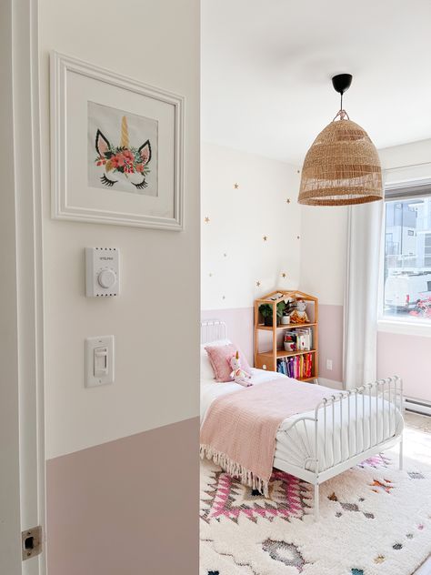 My 4 year old asked for a unicorn room! Four Year Old Bedroom, Half Pink Wall Bedroom, 4 Year Girl Bedroom Ideas, Boho Unicorn Bedroom, Toddler Big Girl Room, Unicorn Bedroom Ideas, Unicorn Kids Room, Boho Unicorn, Girls Bedroom Makeover