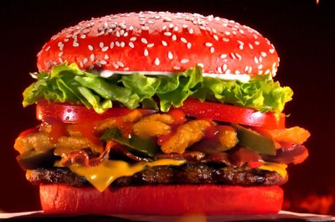 Burger King’s Fiery New Whopper Comes on a Red-Hot Bun | TIME Red Burger, Burger Bread, Southwest Quinoa Salad, Chicken Subs, Food Nutrition Facts, Burger Sauce, Cajun Chicken, Back To Nature, Burger King