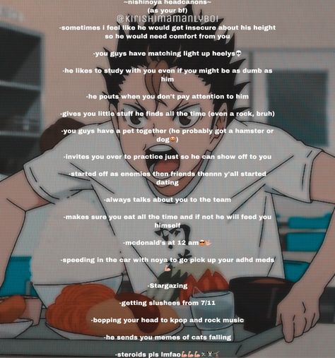 Nishinoya Yuu Headcanon, Haikyuu Boyfriend Headcanons, Nishinoya Headcanon, Haikyuu Scenarios, Harry Potter Personality Quiz, Head Cannons, Anime Sites, Nishinoya Yuu, Anime Haikyuu