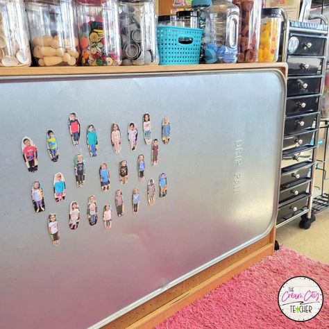 If you want to make your classroom more child-centered, here's something you can do right away... * Use your students' photos everywhere! * But I'm not just talking about pictures taped to their cubbies. Here are some ideas for including your students' photos in play: * 👉 Stick magnetic dots to the back of laminated photos and make them available in your Magnets Center. * 👉 Tape the photos to blocks and leave them in your Construction Center. * 👉 Laminate and cut up the photos, then invite y... Magnetic Board Ideas For Preschool, Magnetic Book Shelf Classroom, Preschool Cubbies, Diy Magnet Board, Magnet Wall, Classroom Pictures, Drip Pan, Outdoor Classroom, Magnetic Wall