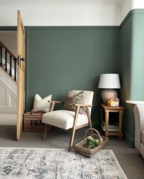 Farrow and Ball Green Smoke 47 living room Farrow And Ball Bedroom, Farrow And Ball Living Room, Green Walls Living Room, Green Lounge, Snug Room, Farrow And Ball, Room Color Schemes, Living Room Green, Lounge Decor