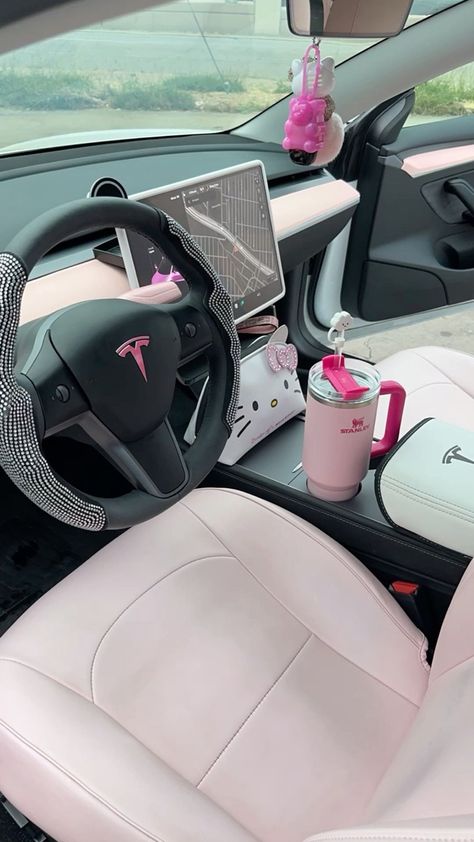 Inside Of Car Aesthetic, Car Inside Aesthetic, First Cars For Teenagers, Inside Car Aesthetic, Tesla Inside, Girly Car Interior, First Car Aesthetic, Rhinestone Car Interior, Aesthetic Car Inside