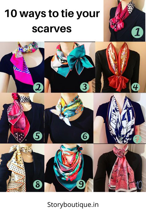 10 ways to tie scarves Office Scarf Outfit, Fall Seattle, Styling Scarf, Scarf Outfit Summer, France Versailles, Folding Hacks, Realistic Fashion, Scarf Styling, Sagging Neck