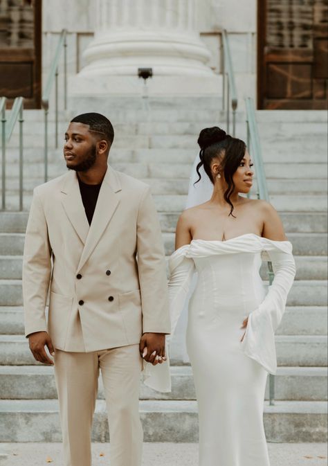 Courthouse Ceremony, Elopement Courthouse, Bridal Era, City Hall Wedding Photos, Courthouse Wedding Photos, Giselle Dress, Courthouse Wedding Dress, Couple Black, Second Dress