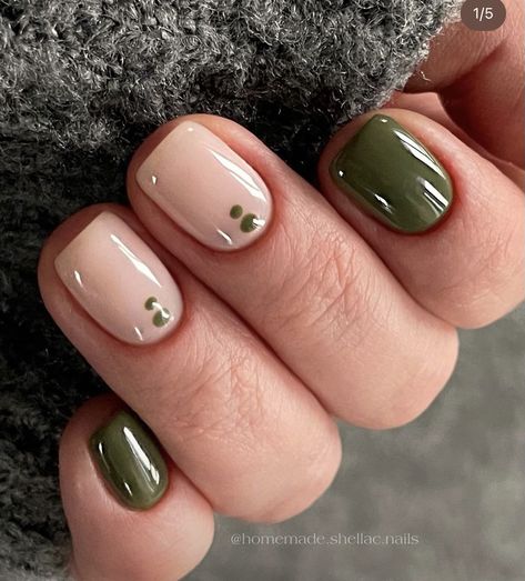 Short Nail Ideas Natural Nails, Simple At Home Gel Nail Designs, Short Olive Nails, Olive Gel Nails, Rubber Gel Nails Ideas, Nail Art On Short Natural Nails, Olive Color Nails, Natural Green Nails, Olive Nails Design