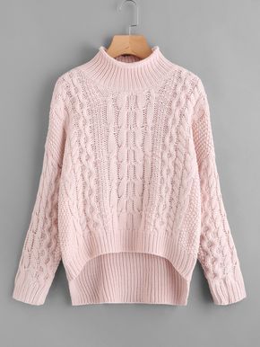 Shein Cable Knit Stepped Hem Sweater Poncho Outfit, Knitting Poncho, Pink Pullover Sweater, Turtleneck Style, Asymmetrical Sweater, Latest Sweater, Moda Chic, Hem Sweater, Sweater For Women