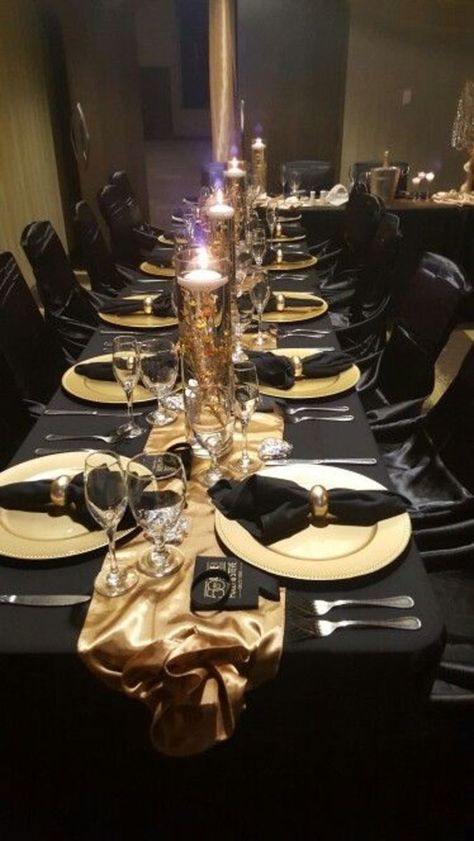 50+ Elegantly Stylish New Years Eve Table Setting Ideas | HubPages Black Gold Place Setting, Black And Gold Formal Dinner Decor, Gold And Black Dinner Table Decor, Black White And Gold Formal Party, Black And Gold Dinner Party Decor, Black And Gold Formal Party Decorations, Black And Gold 50th Anniversary Party, Black And Gold Banquet Decorations, Black And Gold Banquet