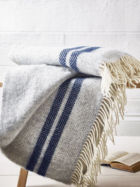 Luxury Throws & Blankets, Cotton, Wool, Faux Fur Sofa & Bed Throws UK Large Throws For Sofas, Striped Bedding, French Stripes, Luxury Throws, Blue French, Wool Cushion, Blue Throws, Blue Home Decor, Wool Throw