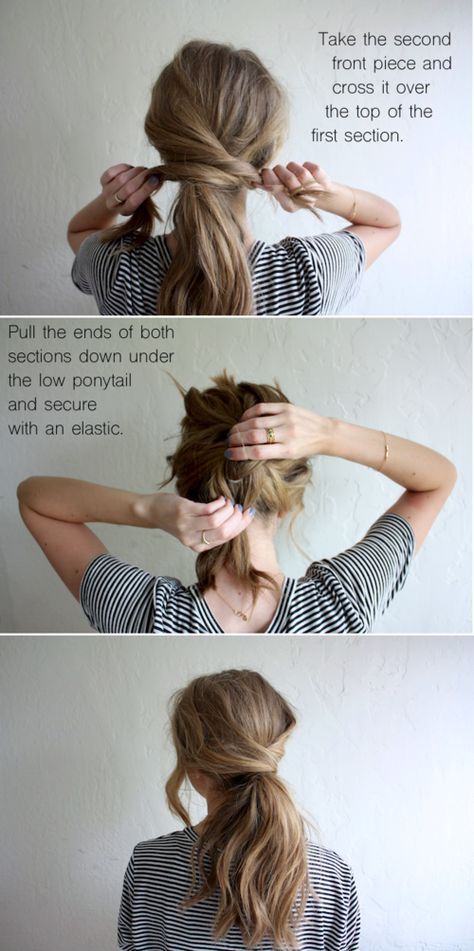 hair tutorial: messy crossover pony                                                                                                                                                                                 More Effortless Hairstyles, Work Hairstyles, Haircuts For Long Hair, Hair Envy, Hair Dos, Hair Day, Up Hairstyles, Pretty Hairstyles, Medium Length Hair Styles