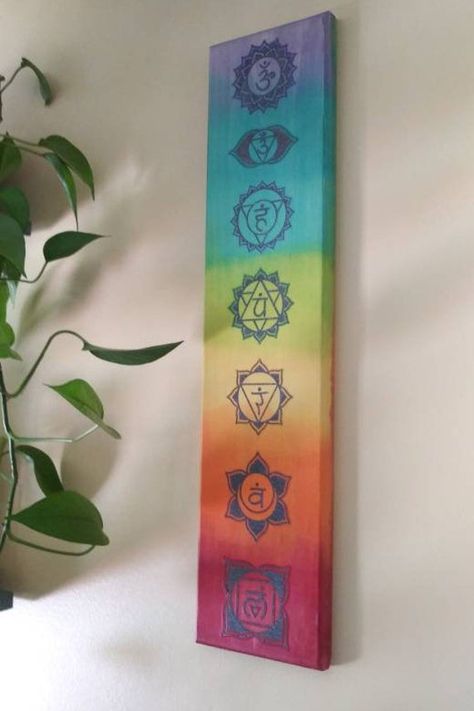 Yoga Chakras Art, Easy Chakra Painting, Spiritual Canvas Art, Chakra Painting Ideas On Canvas, Chakra Painting Canvas, Chakra Art Painting, Chakra Painting Ideas, 7 Chakras Art, Chakras Painting