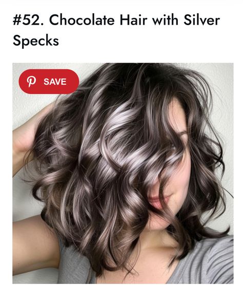 Highlights To Blend Gray Hair Brunettes, Gray Highlights On Dark Hair, Mushroom Balayage Brunette, Natural Ash Brown Hair, Grey Hair Transformation, Hair Highlights And Lowlights, Hair Silver, Brown Hair Dye, Silver Highlights