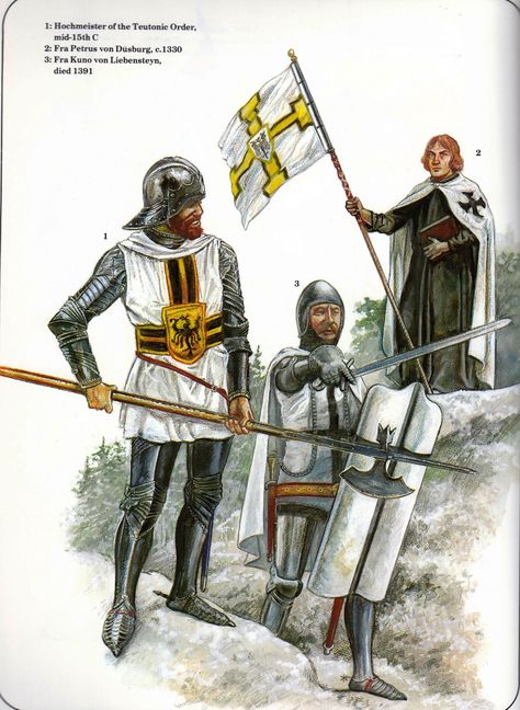 Soldiers of the Teutonic Order, 14th and 15th Centuries Knights Templar Symbols, Saint Lazarus, Knights Hospitaller, Warriors Illustration, Century Armor, Crusader Knight, Historical Warriors, Armadura Medieval, Medieval Armor