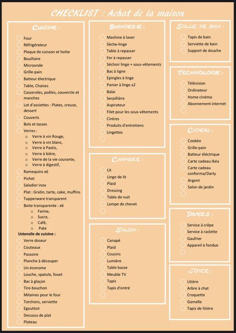 Check-list maison | Liste pour premier appartement, Appartement liste, Liste déménagement Organisation, Tips For Moving Out, Homework Organization, New Home Checklist, Apartment Checklist, House Organisation, Home Organisation, Aesthetic Rooms, First Apartment