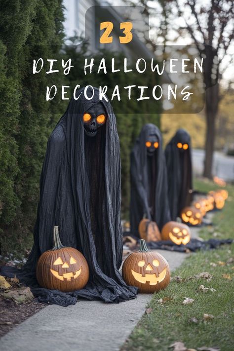 Looking for a haunting transformation? Click for DIY outdoor Halloween decor ideas that are fun, spooky, and sure to impress! 🎃👻 #YardTransformation #HalloweenDIY #SpookyDecor #HauntingIdeas #FunCrafts Halloween Craft Outdoor, Outdoor Halloween Projection, Diy Ghoul Decoration, Log Halloween Decorations, Haunted Front Yard Ideas, Spooky Cemetery Halloween Decorations, Budget Outdoor Halloween Decorations, Haybale Halloween Decorations, Headless Horseman Outdoor Decoration