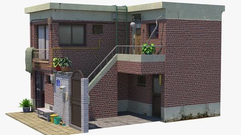 Korean Townhouse Exterior, Korean Door Design, Traditional Korean House Exterior, Korean Apartment Complex Exterior, Japanese Townhouse Exterior, Sims 4 Korean House Cc, Korean House Aesthetic Exterior, Bloxburg Korean House, Korean House Floor Plan