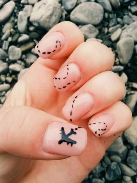 Paper Plane Nail Art, Nails Airplane Design, Nails With Airplane Design, Nails With Airplanes, Nail Designs Travel, Nails Travel Design, Travel Themed Nails, Plane Nail Art, Paper Airplane Nails