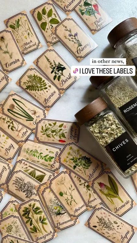 Labeling Ideas Organization, Apothecary Spice Jars, Spice Jars With Labels, Aesthetic Spice Jars, Dried Herbs In Jars, Apothecary Label Design, Witch Herb Storage, Herb Shop Ideas, Apothecary Kitchen Decor