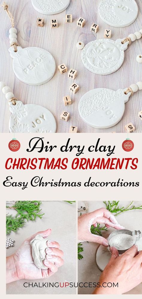 Easily make a tree full of beautiful Christmas ornaments in one weekend. Air dry clay ornaments can also make great gift tags or name tags for table settings. Use stamps to embellish air dry clay ornaments to create some special and unique gifts. Diy Clay Xmas Ornaments, Diy Clay Name Tags, Stamped Air Dry Clay Ornaments, Homemade Clay Ornaments Recipe, Dough Tree Ornaments, Clay Tags Air Dry, Scented Clay Ornaments, Air Dry Clay Stamping, Diy Stamped Ornaments